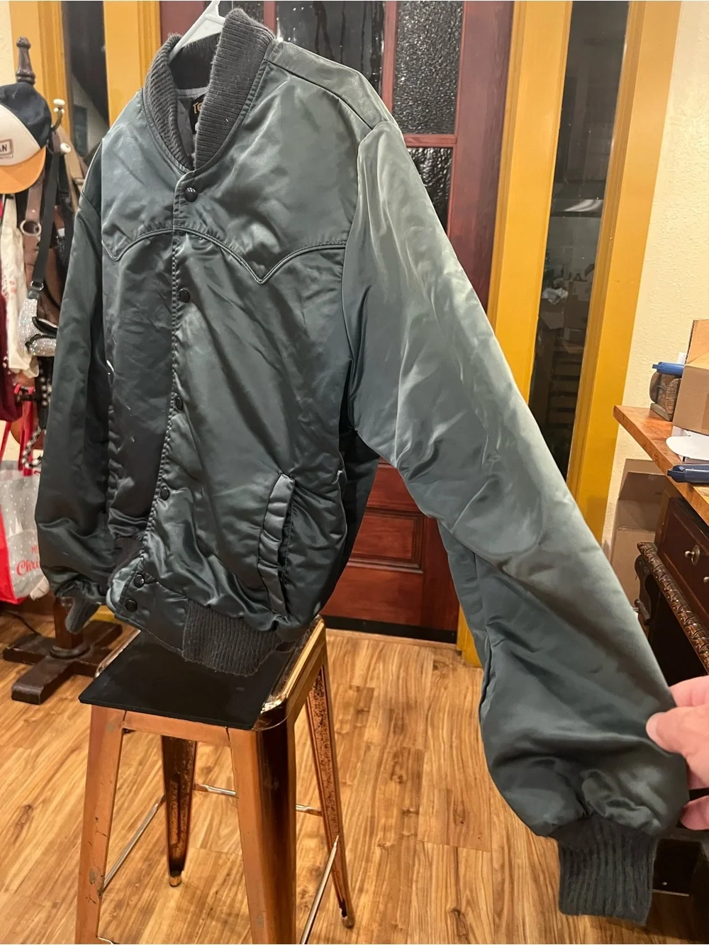 Men's Dark Green Satin Bomber Jacket with Ribbed Trim